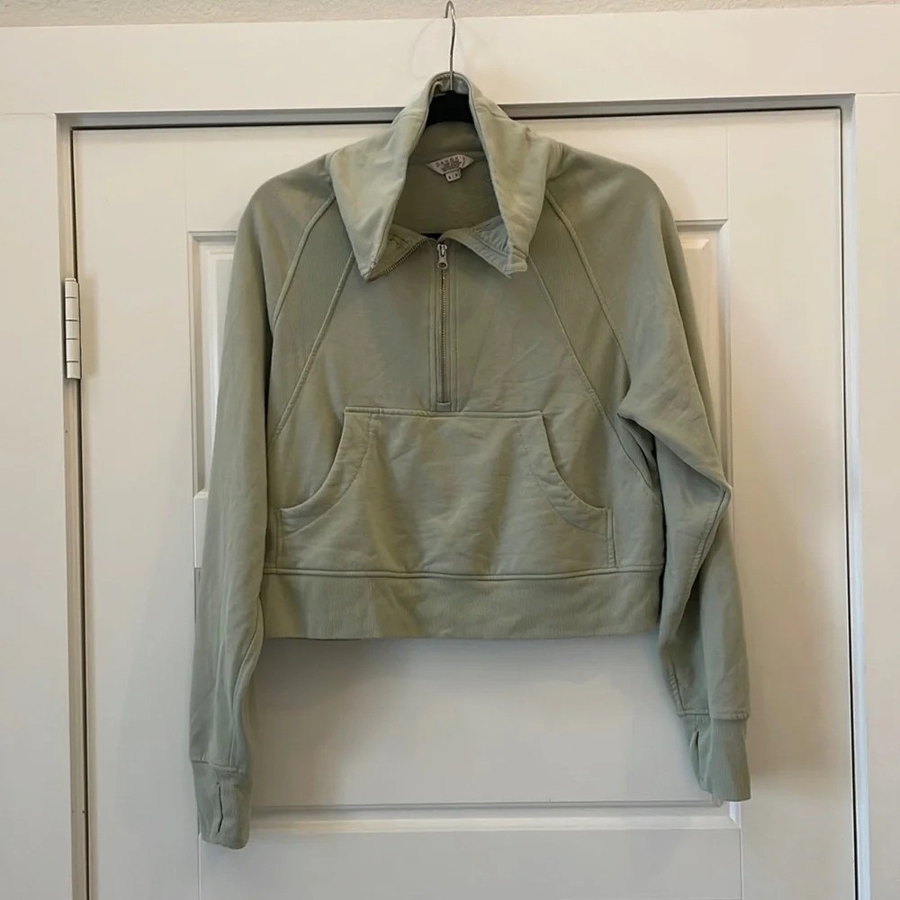Danskin Womens‎ Sage Green Quarter Zip Cropped Fleece Pullover Sweatshirt S